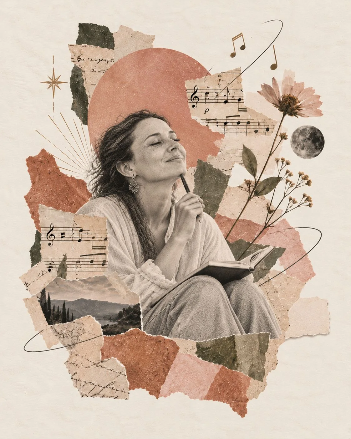 Collage: Eugenia Alba, con los ojos cerrados y una pluma en la mano, sostiene un cuaderno abierto entre partituras, papeles rasgados, un sol terracota, una flor y la luna.